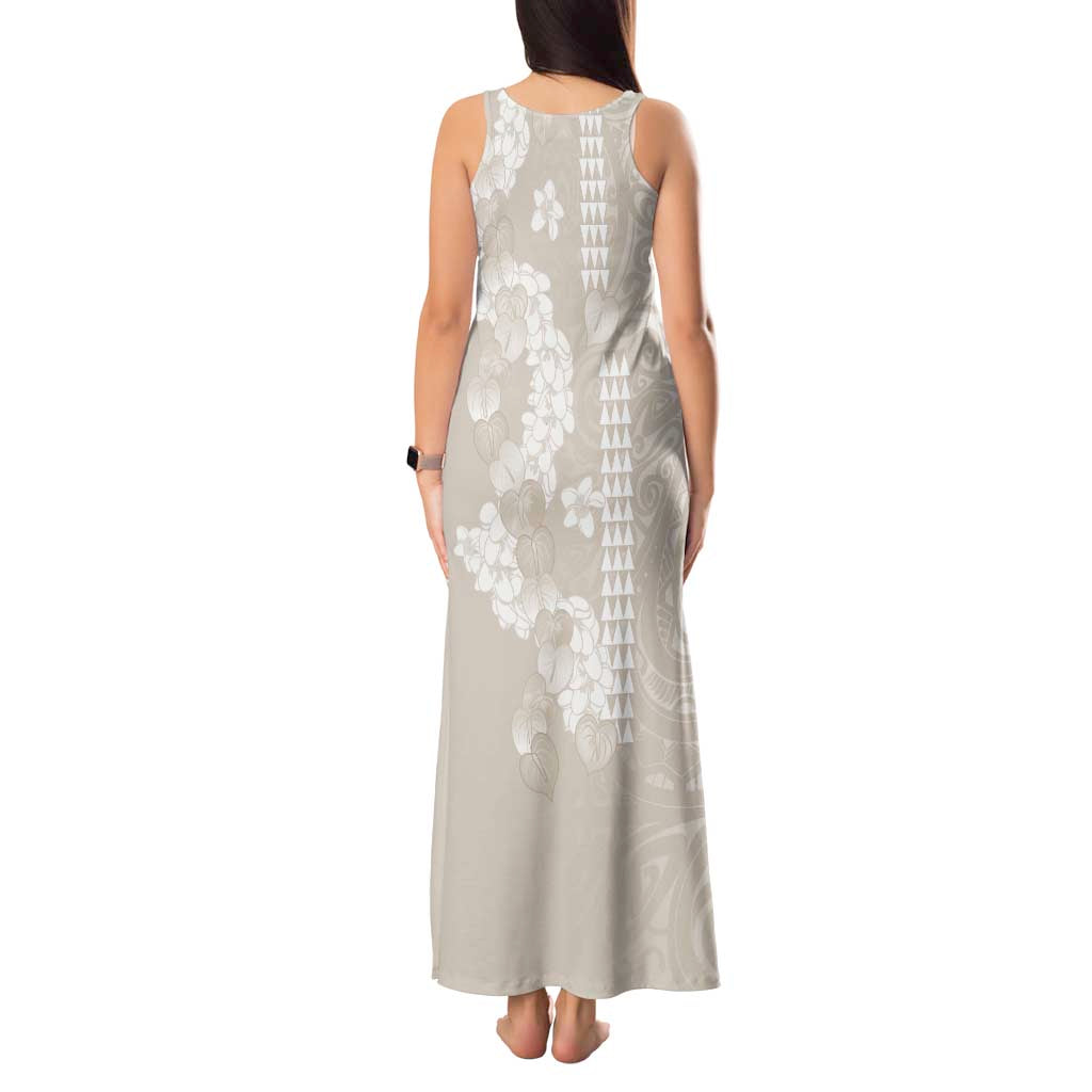 Suede Beige Hawaii Anthurium Plumeria Lei Tank Maxi Dress