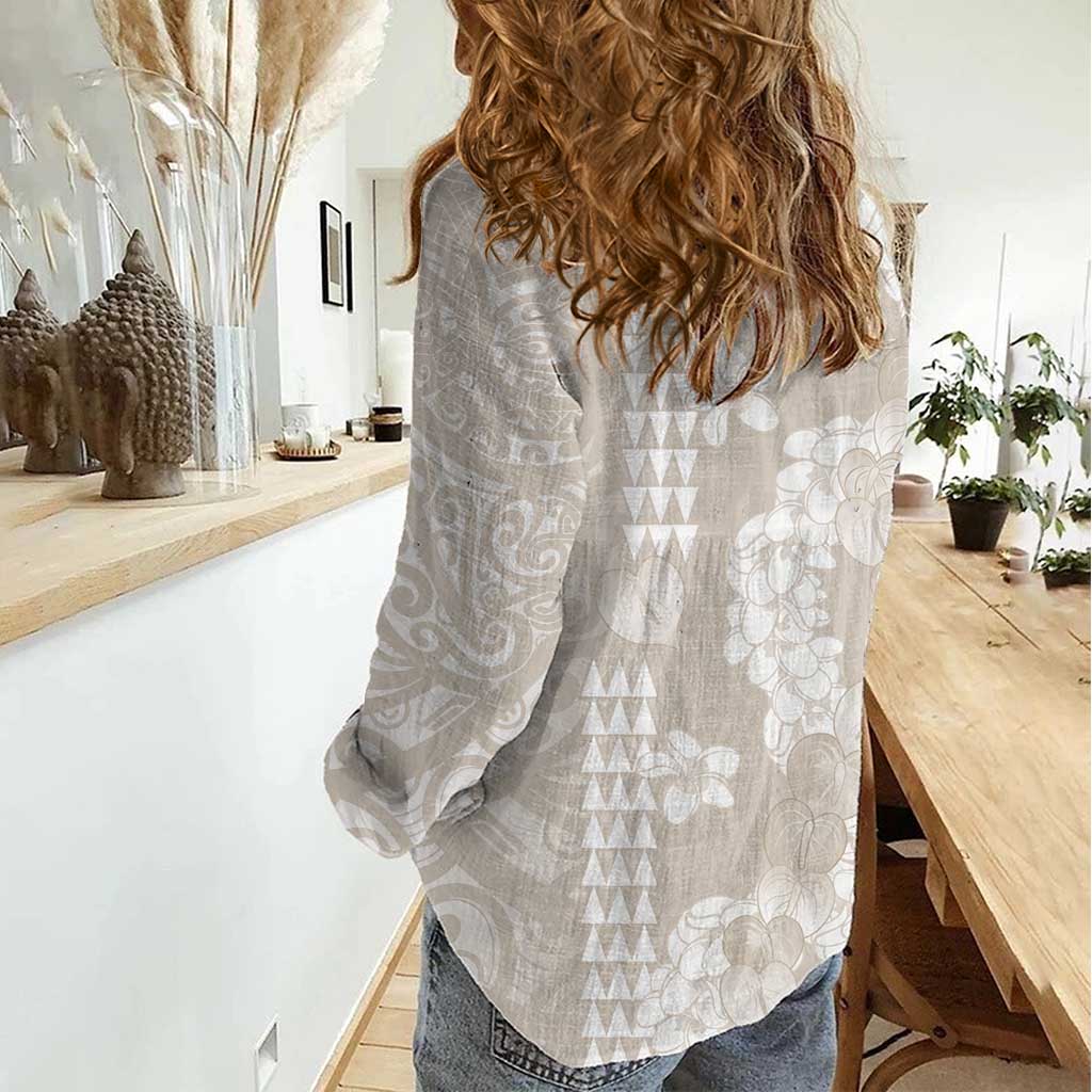 Suede Beige Hawaii Anthurium Plumeria Lei Women Casual Shirt