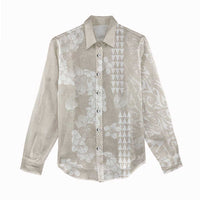 Suede Beige Hawaii Anthurium Plumeria Lei Women Casual Shirt