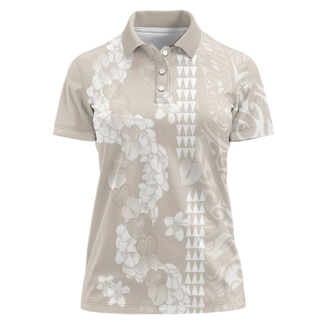 Suede Beige Hawaii Anthurium Plumeria Lei Women Polo Shirt LT9 Female Beige - Polynesian Pride