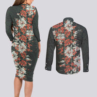 Hawaii Tartan With Hibiscus Couples Matching Long Sleeve Bodycon Dress and Long Sleeve Button Shirt Polynesian Pattern Vintage