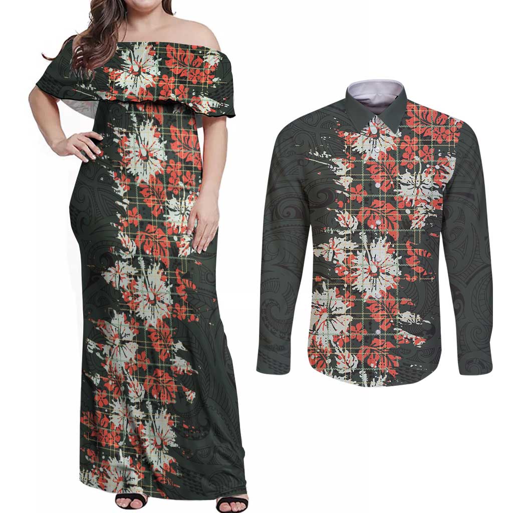 Hawaii Tartan With Hibiscus Couples Matching Off Shoulder Maxi Dress and Long Sleeve Button Shirt Polynesian Pattern Vintage
