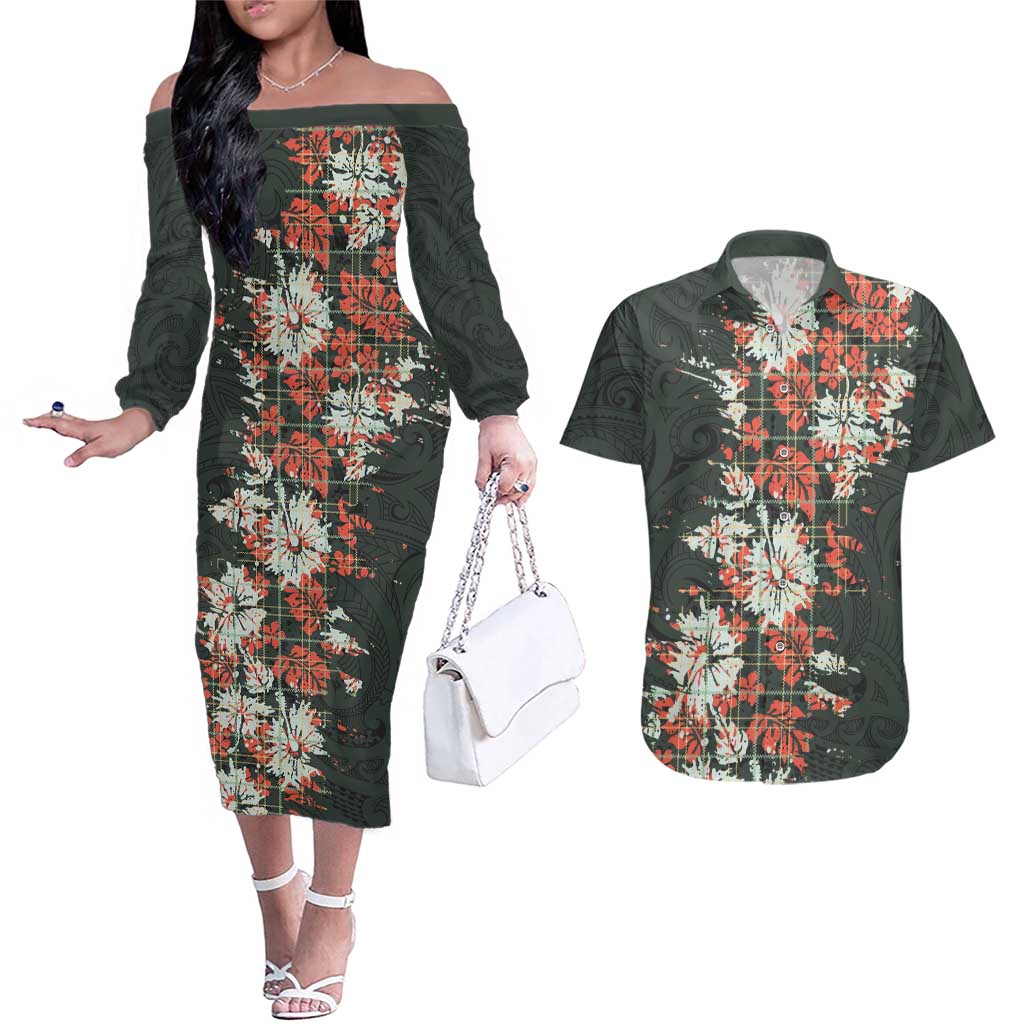 Hawaii Tartan With Hibiscus Couples Matching Off The Shoulder Long Sleeve Dress and Hawaiian Shirt Polynesian Pattern Vintage