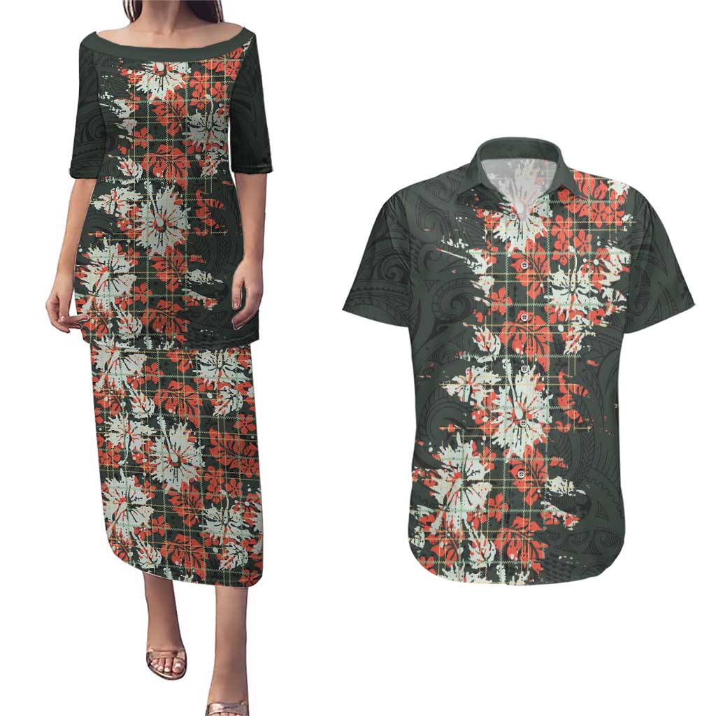 Hawaii Tartan With Hibiscus Couples Matching Puletasi and Hawaiian Shirt Polynesian Pattern Vintage