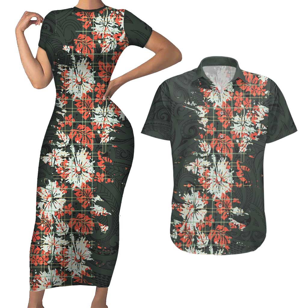 Hawaii Tartan With Hibiscus Couples Matching Short Sleeve Bodycon Dress and Hawaiian Shirt Polynesian Pattern Vintage LT9 Dark Green - Polynesian Pride