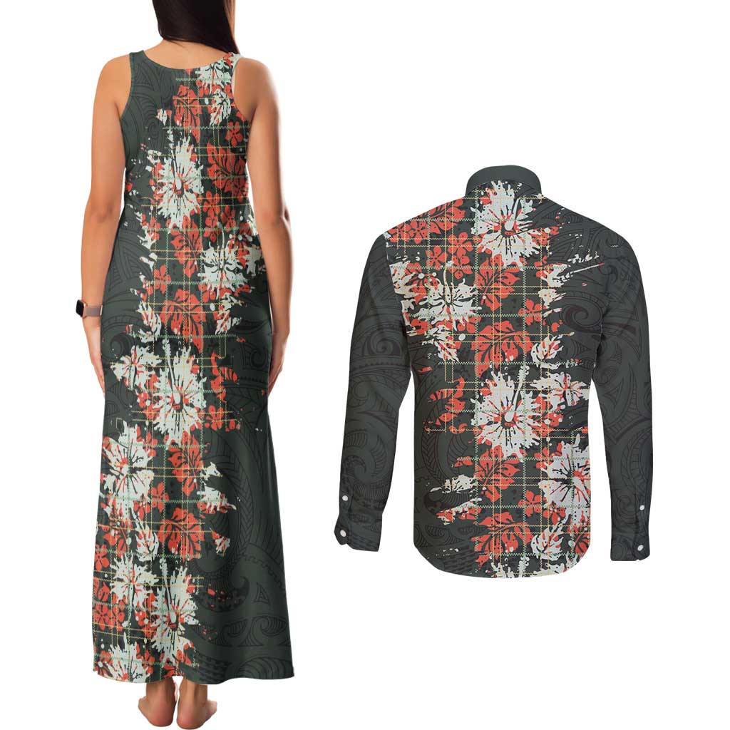 Hawaii Tartan With Hibiscus Couples Matching Tank Maxi Dress and Long Sleeve Button Shirt Polynesian Pattern Vintage