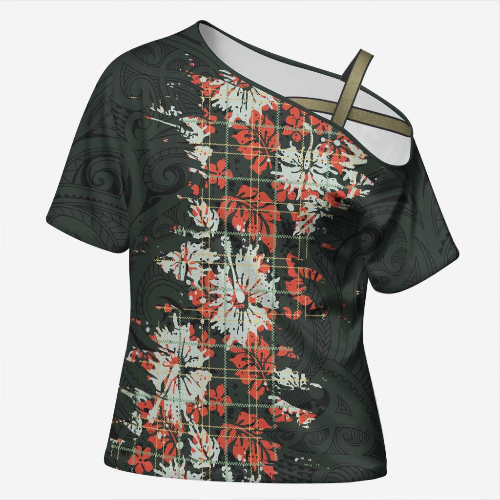 Hawaii Tartan With Hibiscus Cross Shoulder Shirt Polynesian Pattern Vintage