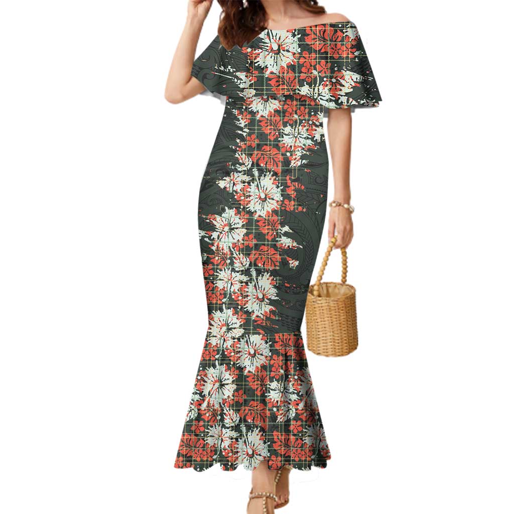 Hawaii Tartan With Hibiscus Family Matching Mermaid Dress and Hawaiian Shirt Polynesian Pattern Vintage LT9 Mom's Dress Dark Green - Polynesian Pride