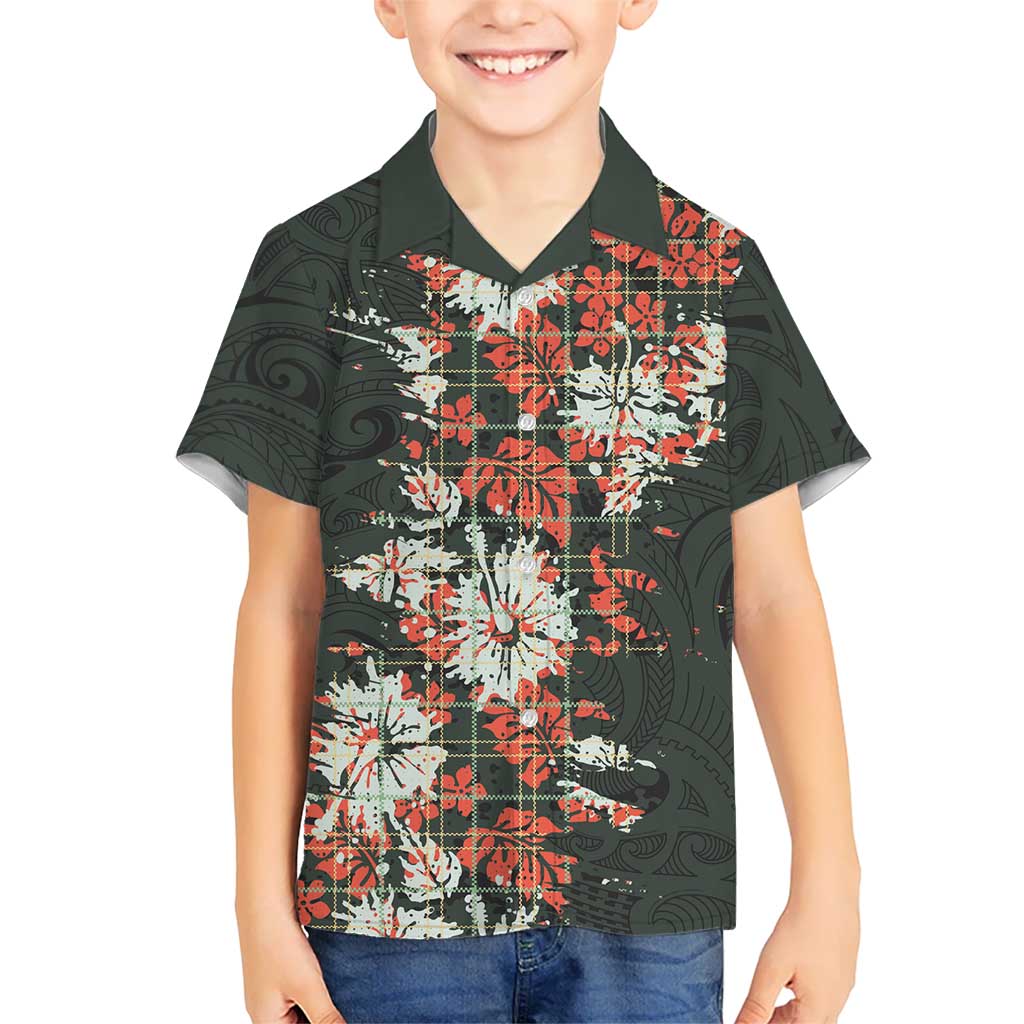 Hawaii Tartan With Hibiscus Family Matching Mermaid Dress and Hawaiian Shirt Polynesian Pattern Vintage LT9 Son's Shirt Dark Green - Polynesian Pride