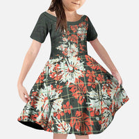 Hawaii Tartan With Hibiscus Family Matching Off Shoulder Short Dress and Hawaiian Shirt Polynesian Pattern Vintage LT9 Daughter's Dress Dark Green - Polynesian Pride