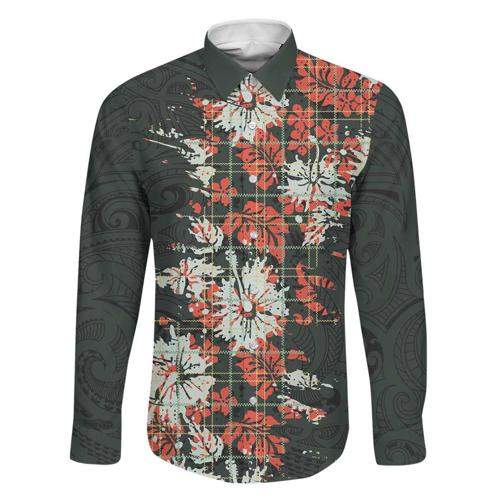 Hawaii Tartan With Hibiscus Family Matching Short Sleeve Bodycon Dress and Hawaiian Shirt Polynesian Pattern Vintage LT9 Dad's Shirt - Long Sleeve Dark Green - Polynesian Pride