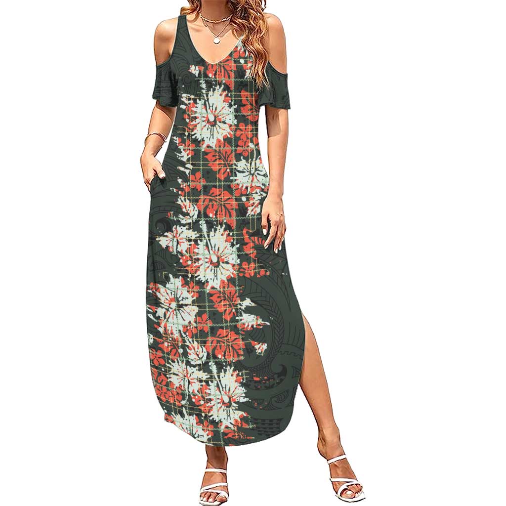 Hawaii Tartan With Hibiscus Family Matching Summer Maxi Dress and Hawaiian Shirt Polynesian Pattern Vintage LT9 Mom's Dress Dark Green - Polynesian Pride