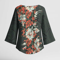 Hawaii Tartan With Hibiscus Kimono Sleeve Blouse Polynesian Pattern Vintage