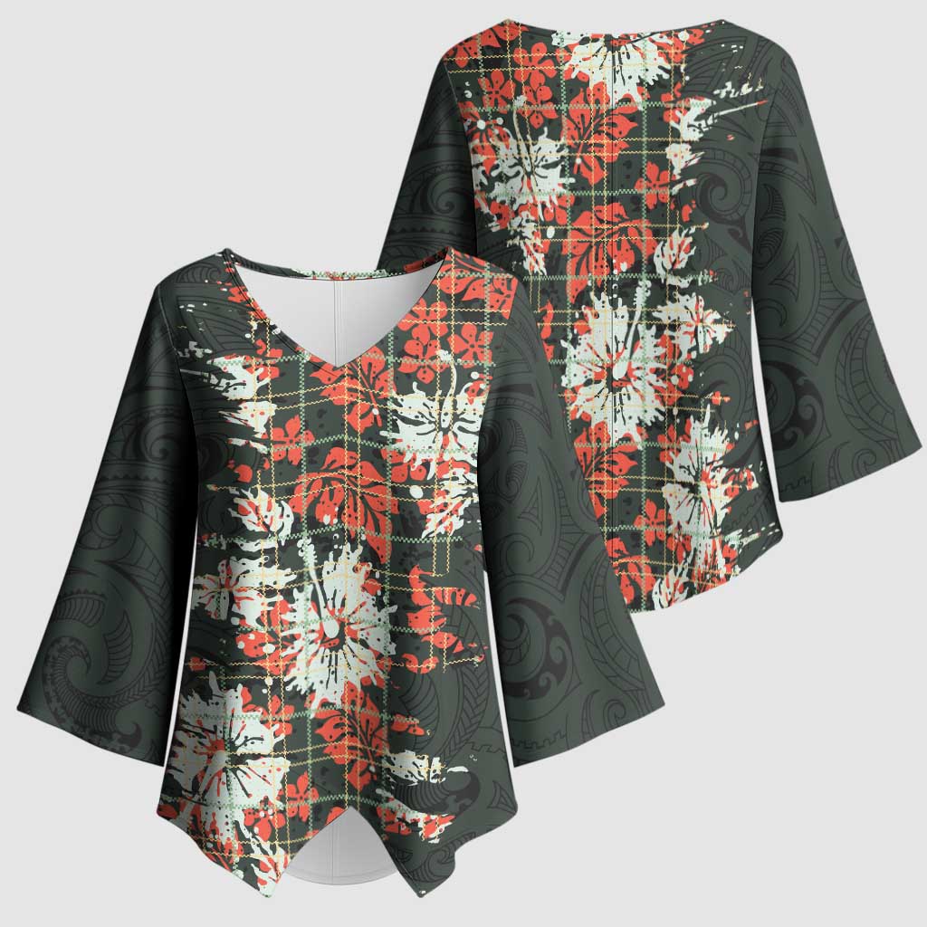 Hawaii Tartan With Hibiscus Kimono Sleeve Blouse Polynesian Pattern Vintage