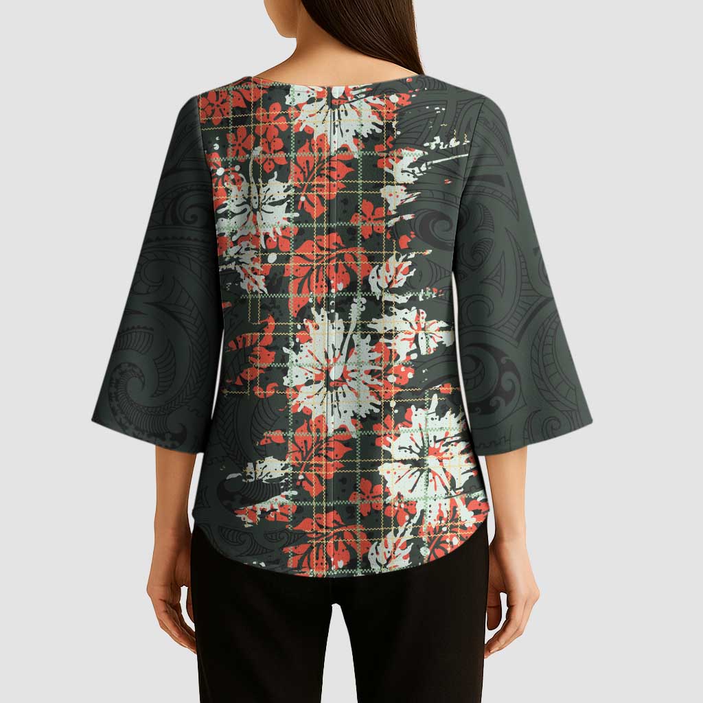 Hawaii Tartan With Hibiscus Kimono Sleeve Blouse Polynesian Pattern Vintage