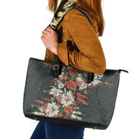 Hawaii Tartan With Hibiscus Leather Tote Bag Polynesian Pattern Vintage LT9 Dark Green - Polynesian Pride