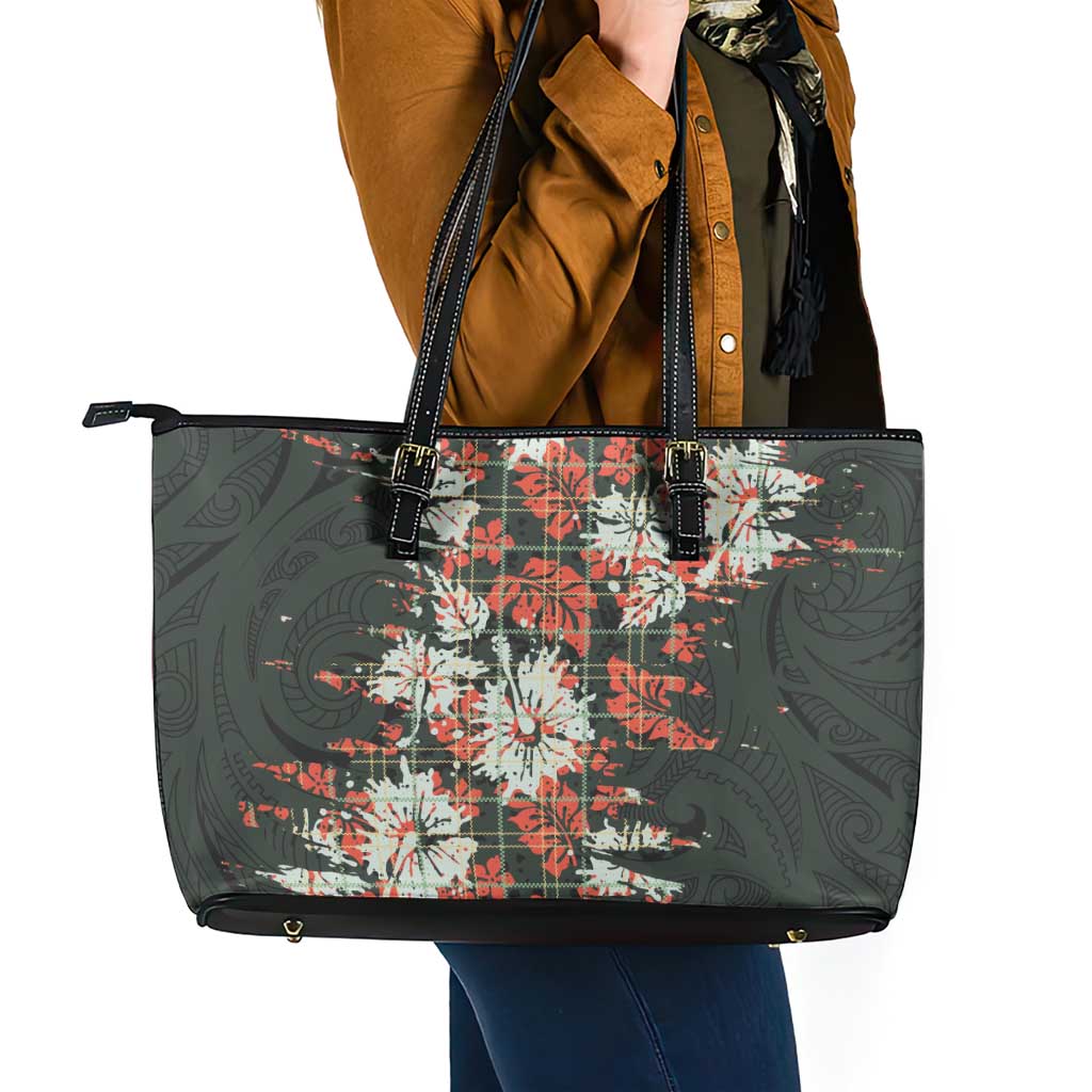 Hawaii Tartan With Hibiscus Leather Tote Bag Polynesian Pattern Vintage LT9 - Polynesian Pride