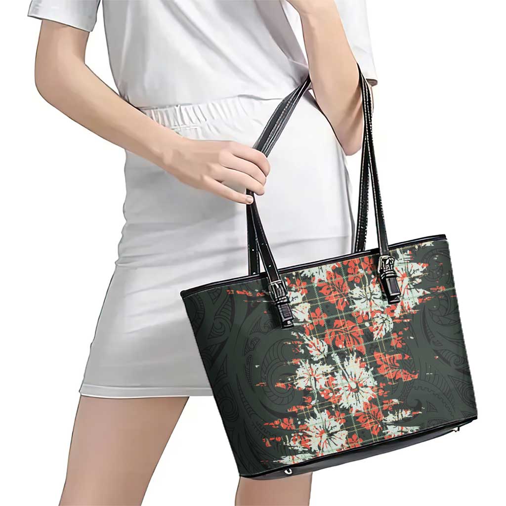 Hawaii Tartan With Hibiscus Leather Tote Bag Polynesian Pattern Vintage LT9 - Polynesian Pride
