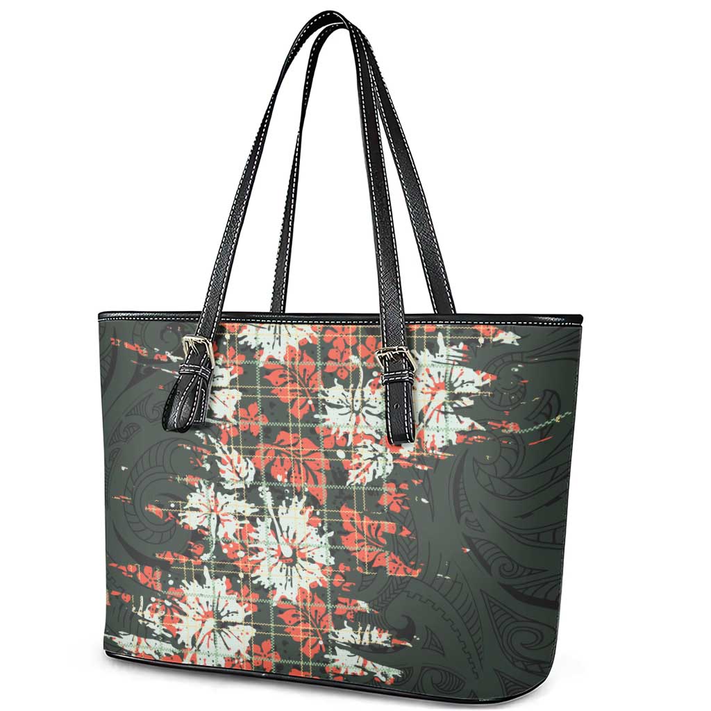 Hawaii Tartan With Hibiscus Leather Tote Bag Polynesian Pattern Vintage LT9 - Polynesian Pride