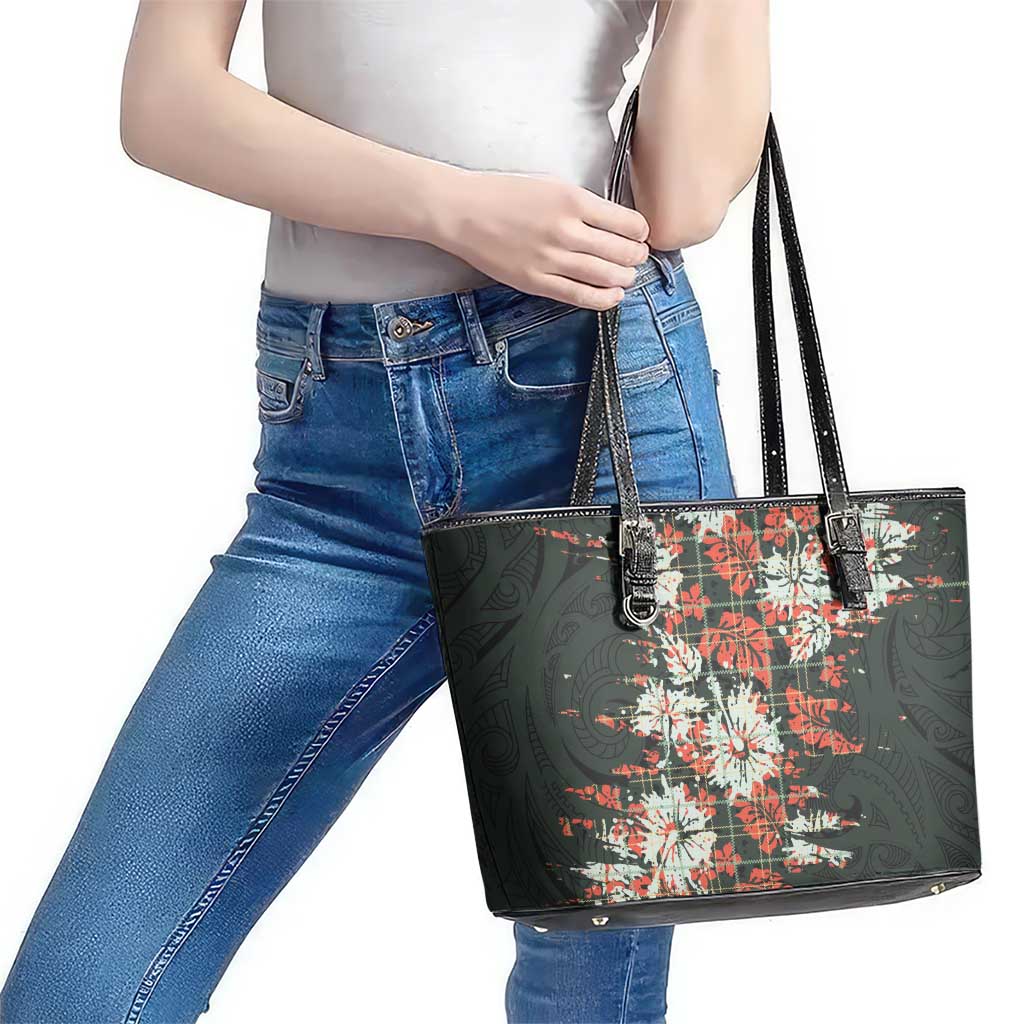 Hawaii Tartan With Hibiscus Leather Tote Bag Polynesian Pattern Vintage LT9 - Polynesian Pride