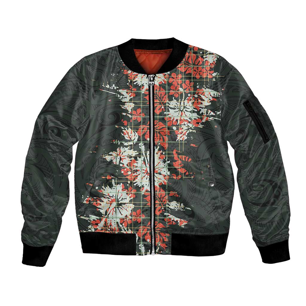 Hawaii Tartan With Hibiscus Sleeve Zip Bomber Jacket Polynesian Pattern Vintage