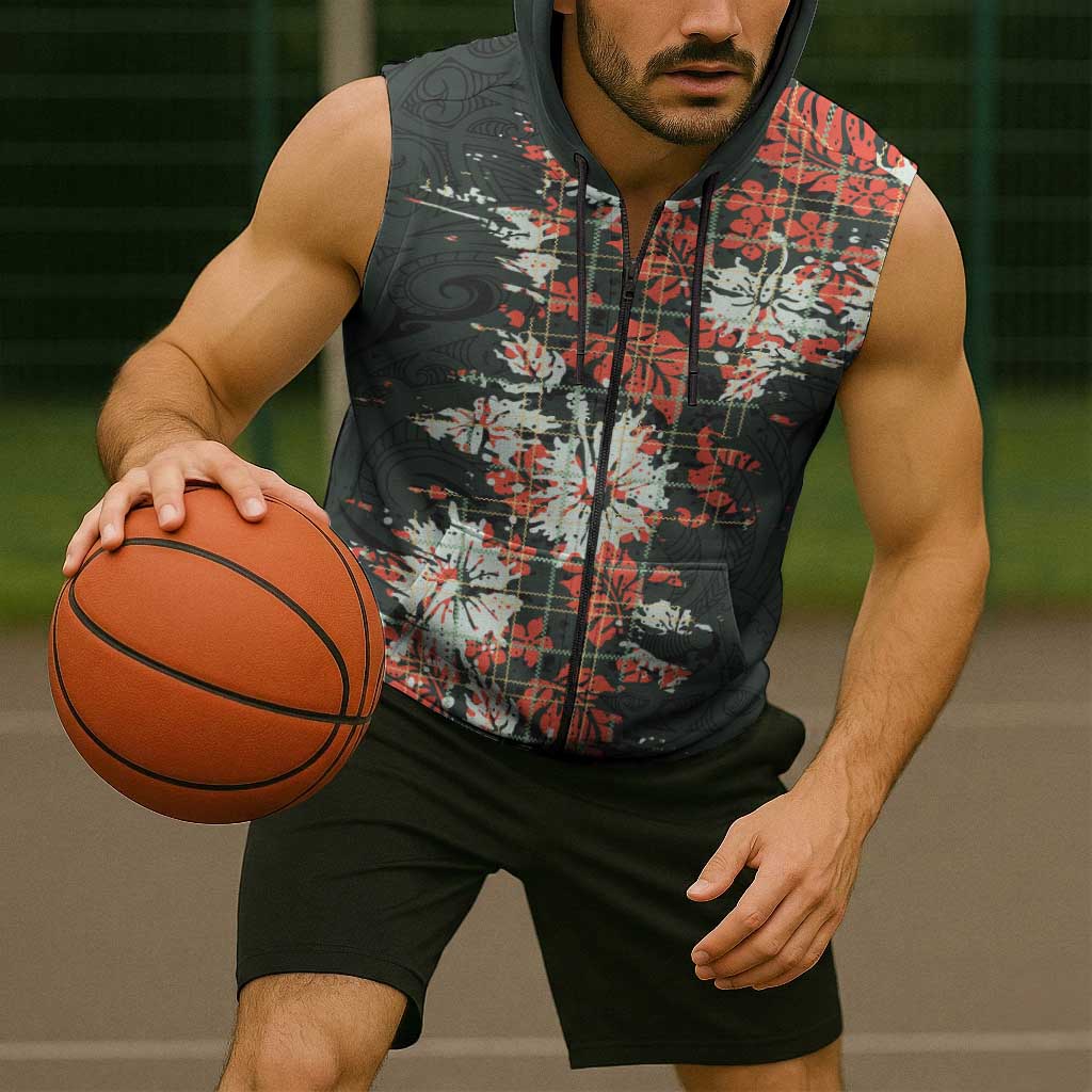 Hawaii Tartan With Hibiscus Sleeveless Zip Hoodie Polynesian Pattern Vintage