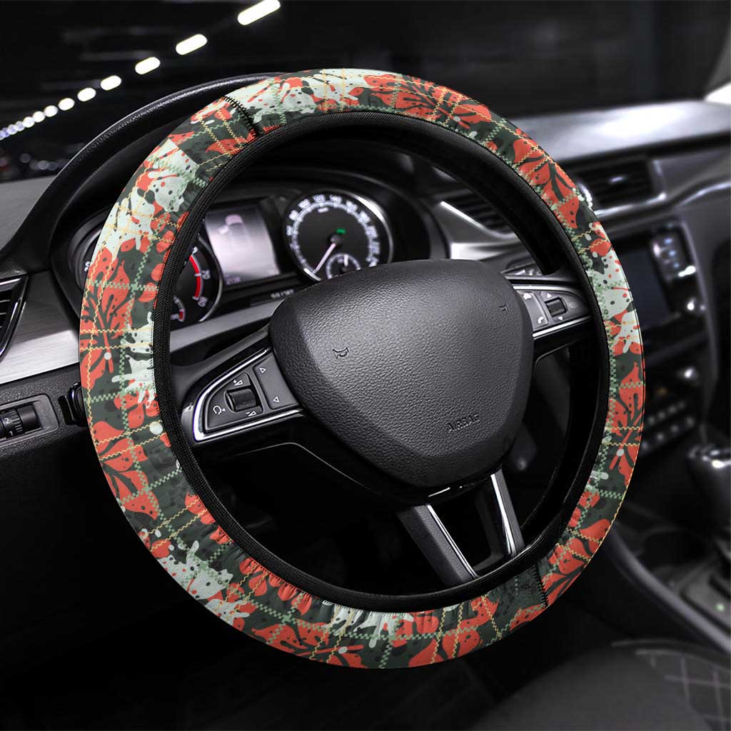Hawaii Tartan With Hibiscus Steering Wheel Cover Polynesian Pattern Vintage LT9 Universal Fit Dark Green - Polynesian Pride