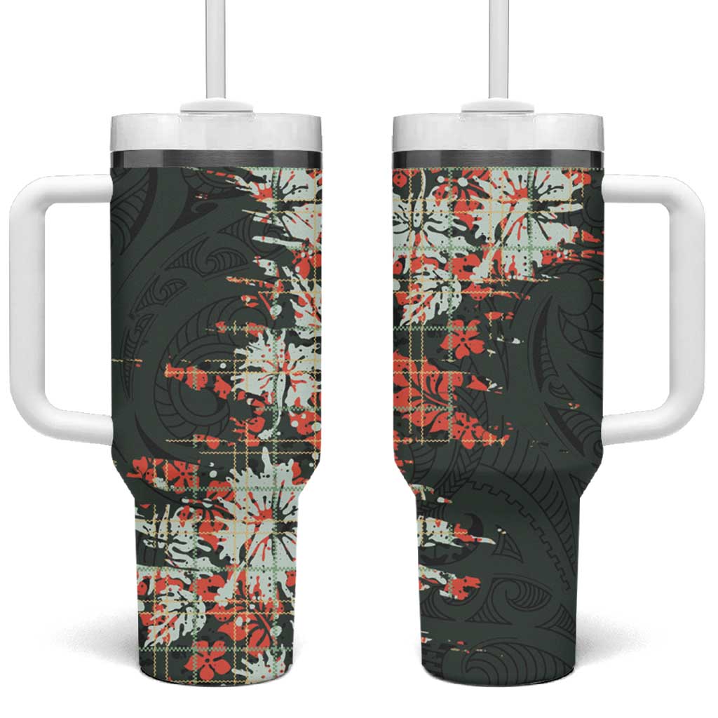 Hawaii Tartan With Hibiscus Tumbler With Handle Polynesian Pattern Vintage LT9 One Size: 40 oz Dark Green - Polynesian Pride