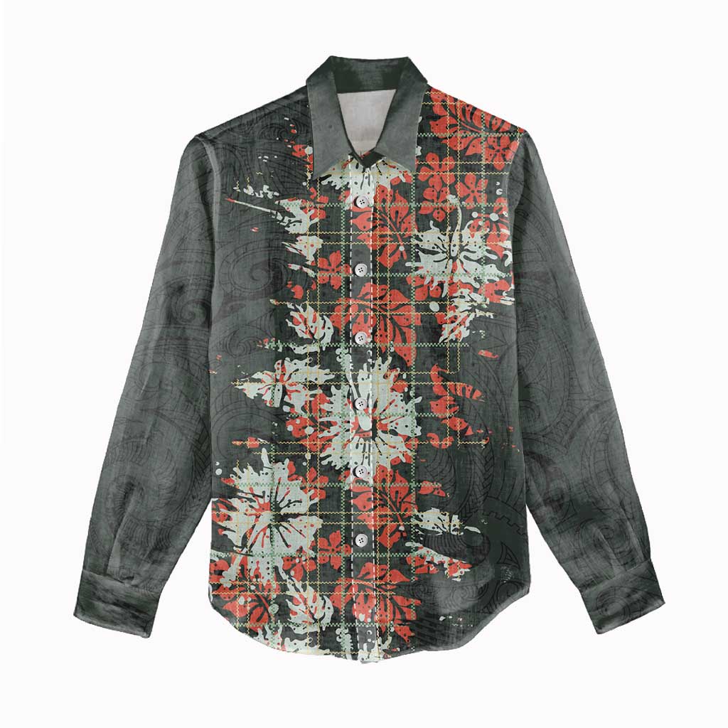 Hawaii Tartan With Hibiscus Women Casual Shirt Polynesian Pattern Vintage