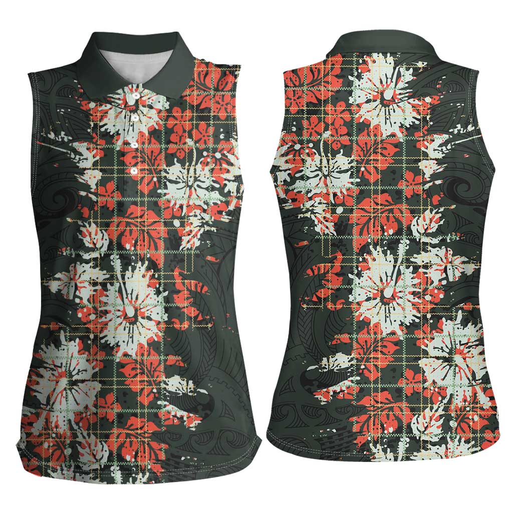 Hawaii Tartan With Hibiscus Women Sleeveless Polo Shirt Polynesian Pattern Vintage