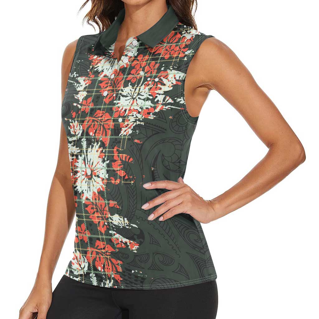 Hawaii Tartan With Hibiscus Women Sleeveless Polo Shirt Polynesian Pattern Vintage