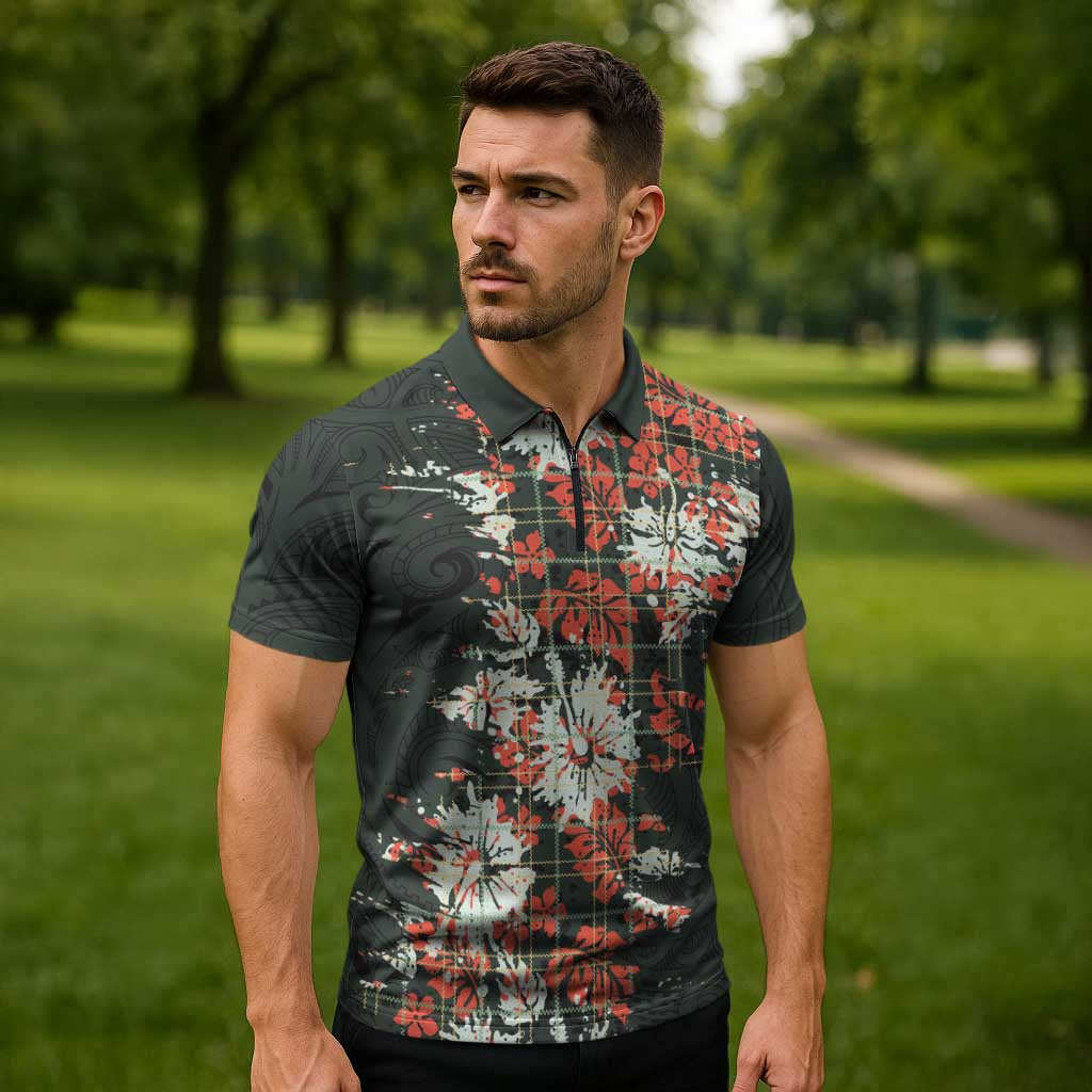 Hawaii Tartan With Hibiscus Zipper Polo Shirt Polynesian Pattern Vintage
