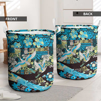 Japanese Hawaiian Crane Laundry Basket Blue Tapa Patchwork Pattern