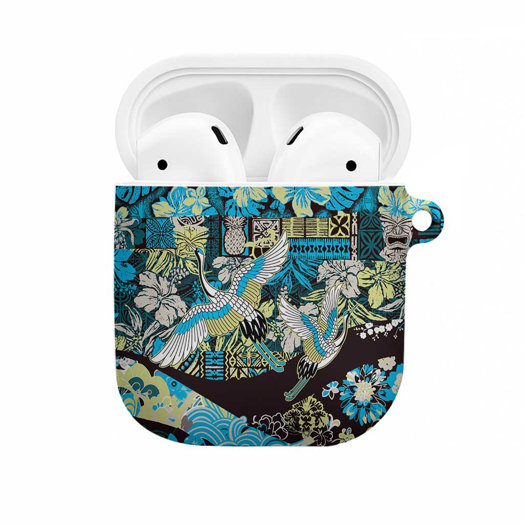 Japanese Hawaiian Crane AirPods Case Blue Tapa Patchwork Pattern