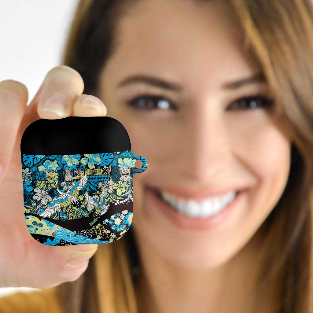 Japanese Hawaiian Crane AirPods Case Blue Tapa Patchwork Pattern