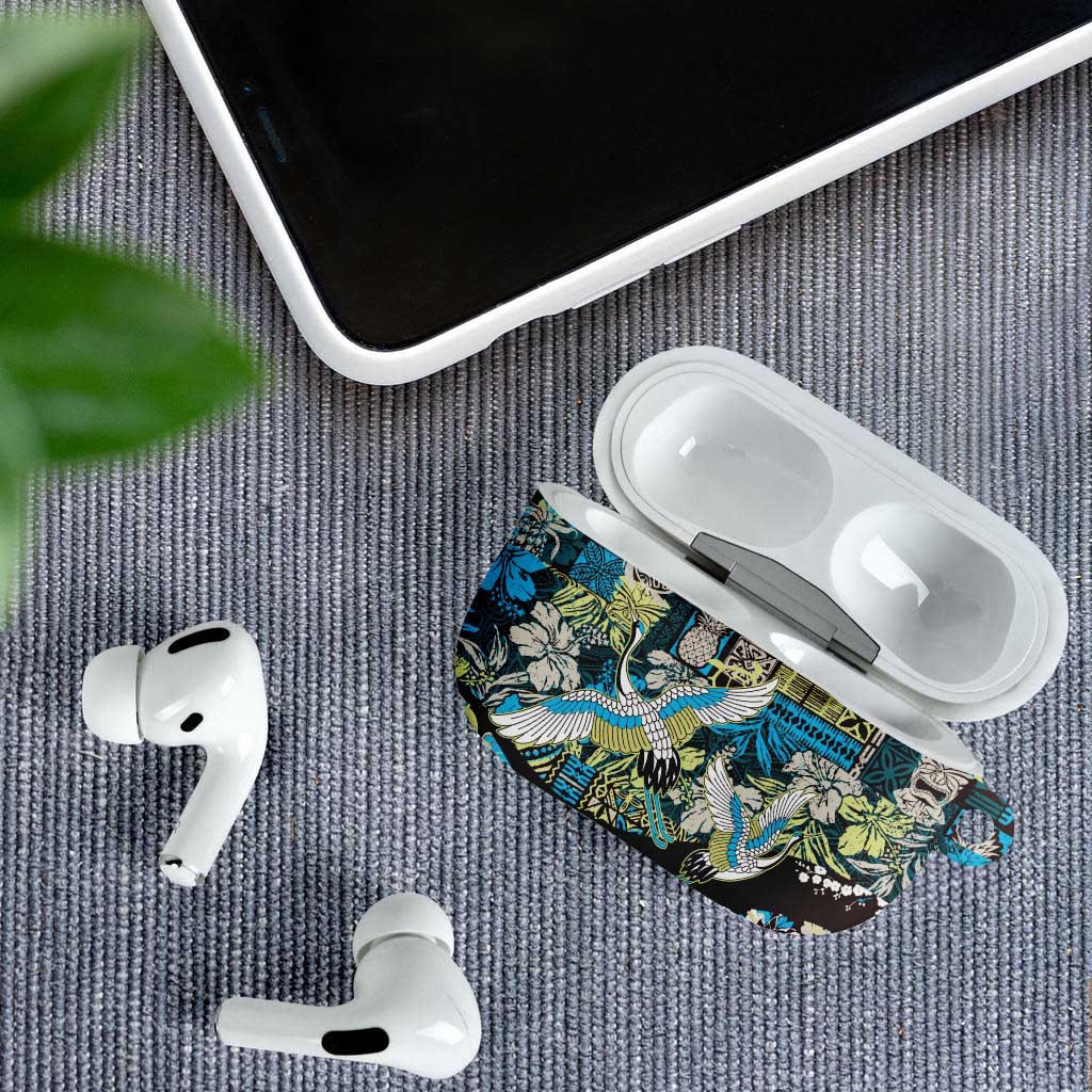 Japanese Hawaiian Crane AirPods Case Blue Tapa Patchwork Pattern