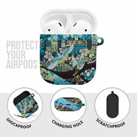 Japanese Hawaiian Crane AirPods Case Blue Tapa Patchwork Pattern