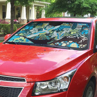 Japanese Hawaiian Crane Auto Sun Shade Blue Tapa Patchwork Pattern