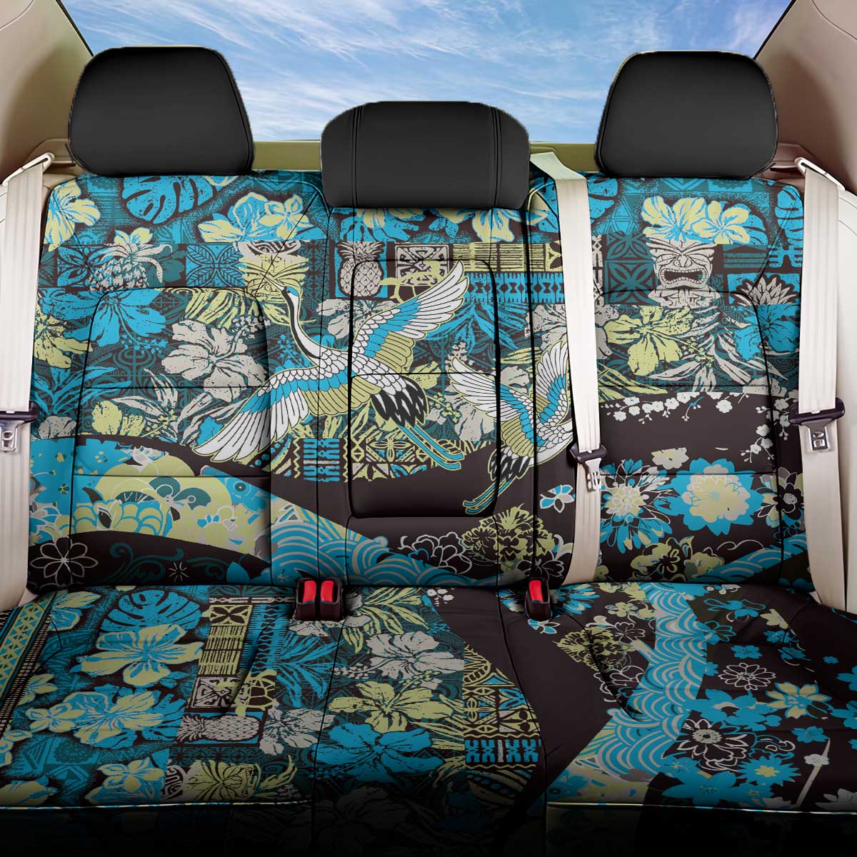 Japanese Hawaiian Crane Back Car Seat Cover Blue Tapa Patchwork Pattern