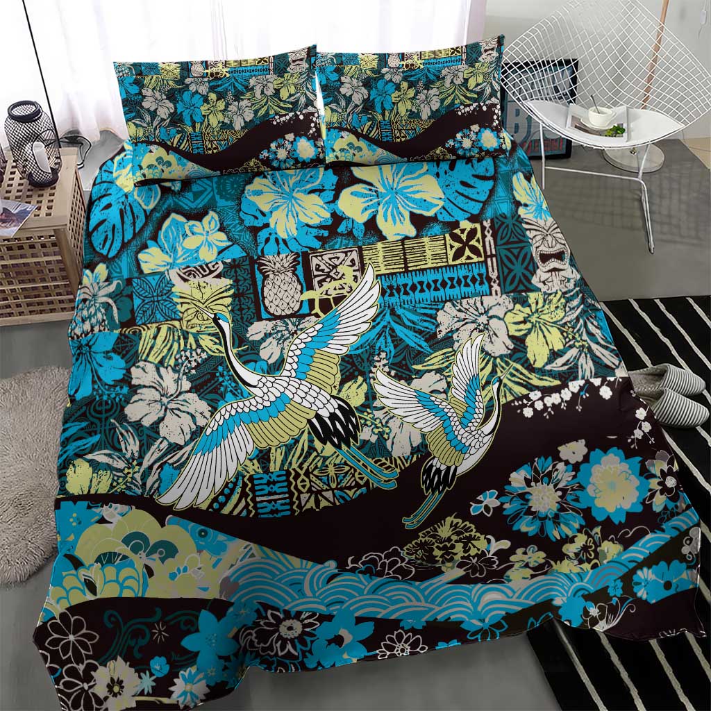 Japanese Hawaiian Crane Bedding Set Blue Tapa Patchwork Pattern