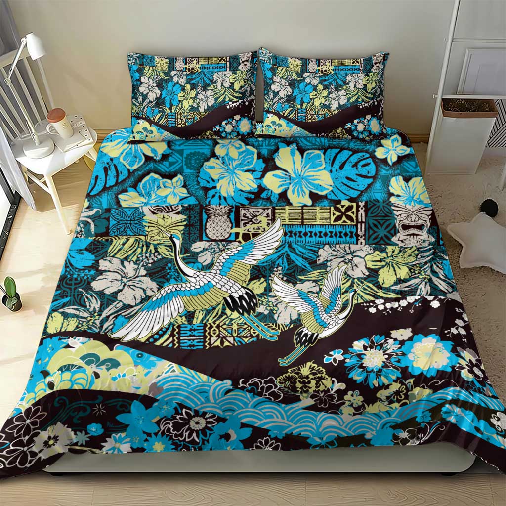 Japanese Hawaiian Crane Bedding Set Blue Tapa Patchwork Pattern