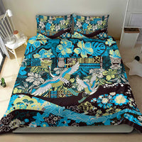 Japanese Hawaiian Crane Bedding Set Blue Tapa Patchwork Pattern
