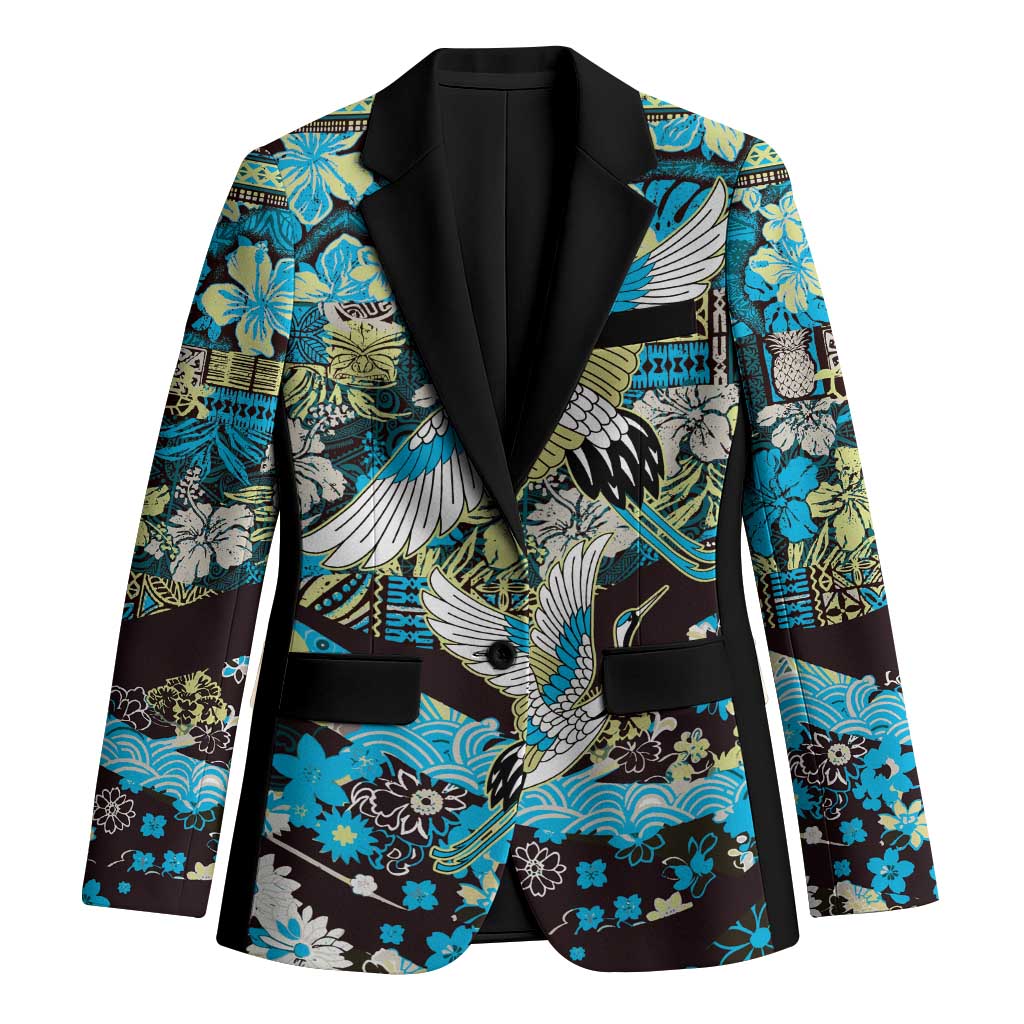 Japanese Hawaiian Crane Blazer Blue Tapa Patchwork Pattern
