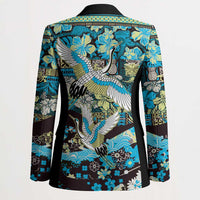 Japanese Hawaiian Crane Blazer Blue Tapa Patchwork Pattern