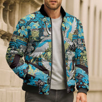 Japanese Hawaiian Crane Bomber Puffer Jacket Blue Tapa Patchwork Pattern