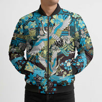 Japanese Hawaiian Crane Bomber Puffer Jacket Blue Tapa Patchwork Pattern