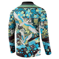 Japanese Hawaiian Crane Button Sweatshirt Blue Tapa Patchwork Pattern
