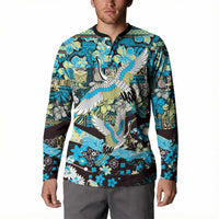 Japanese Hawaiian Crane Button Sweatshirt Blue Tapa Patchwork Pattern