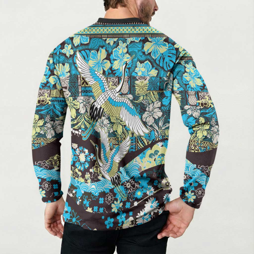 Japanese Hawaiian Crane Button Sweatshirt Blue Tapa Patchwork Pattern