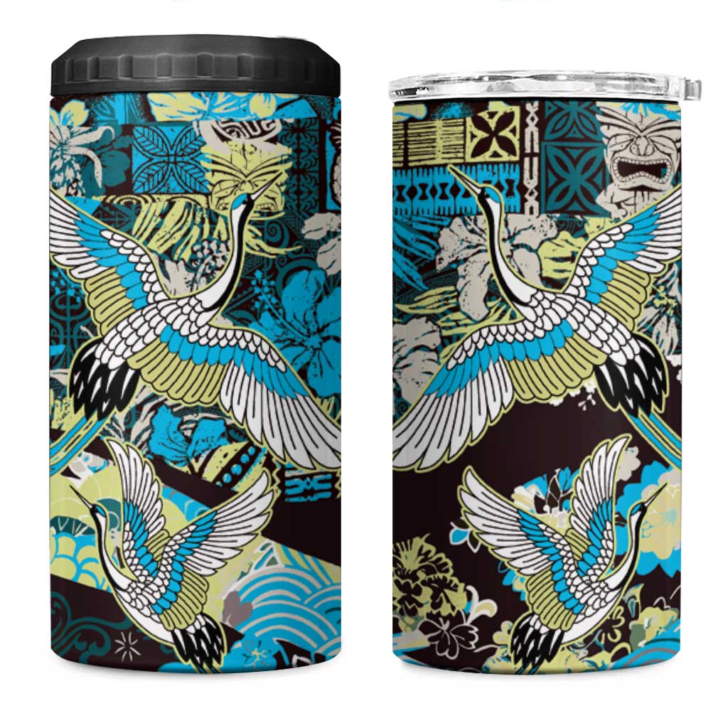 Japanese Hawaiian Crane 4 in 1 Can Cooler Tumbler Blue Tapa Patchwork Pattern LT9 One Size: 16 oz Blue - Polynesian Pride